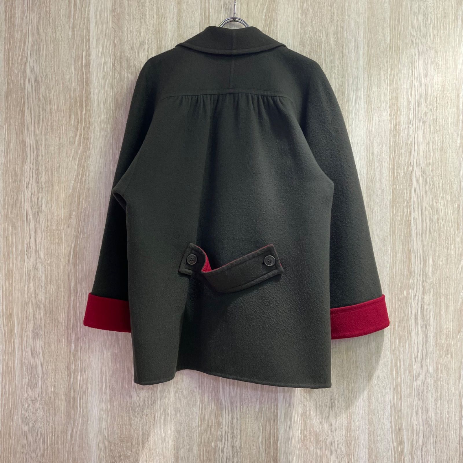 mila schön ミラ ショーン イタリア製 ウールショール コート ダークグリーン×レッド