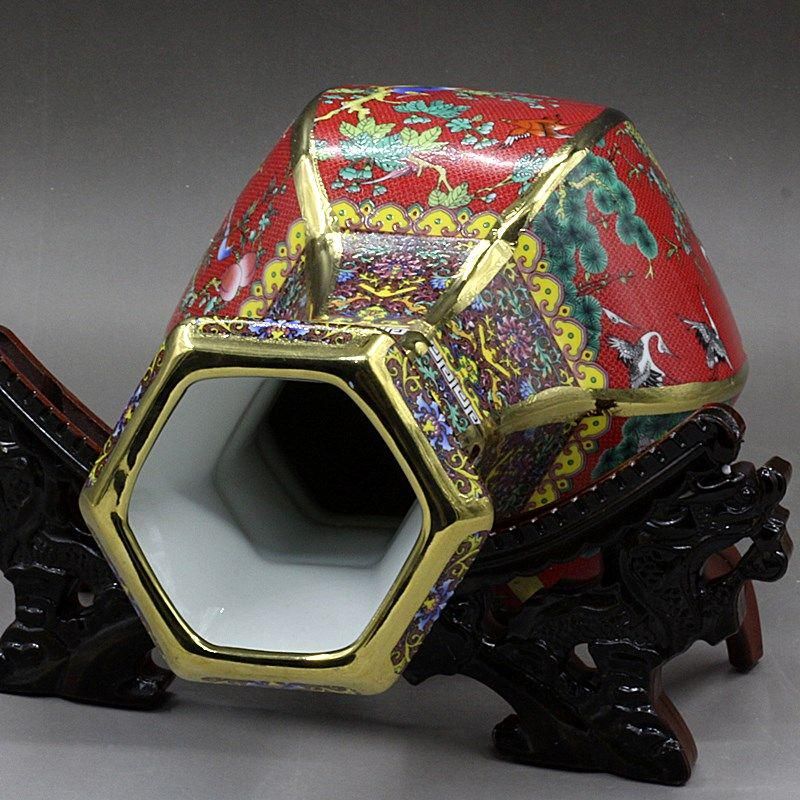 トップ 陶磁器 琺瑯彩花鳥六方紅色賞瓶 現代工芸品 置物 装飾品 美術品 工芸品