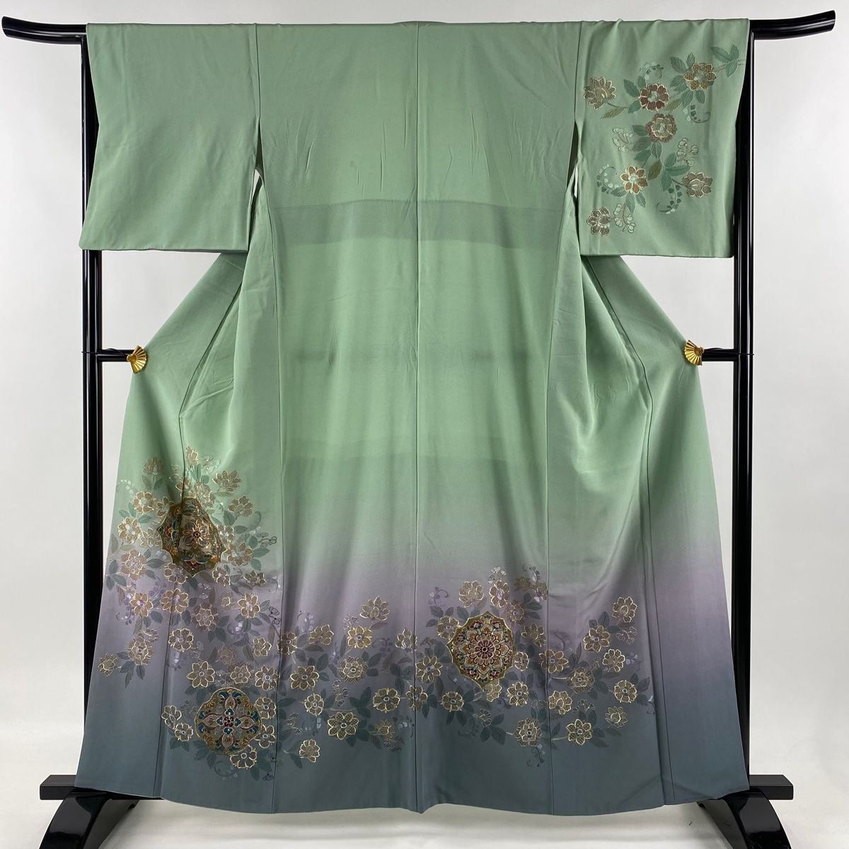 訪問着 身丈160.5cm 裄丈63.5cm S 袷 鈴乃屋 華文 草花 金糸 刺繍 薄緑 正絹 名品
