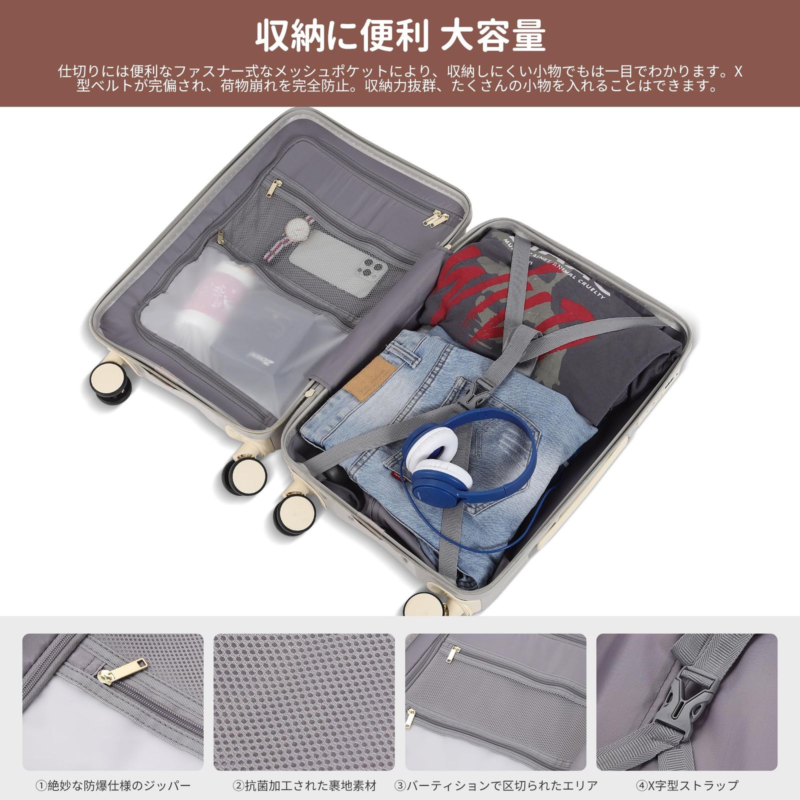  静音 ダブルキャスター ジッパータイプ 360度回転 耐衝撃 TSAロック搭載 大型 キャリーバッグ 旅行 キャリーケース ビジネス 大容量 出張 超軽量 mサイズ 拡張機能付き 4-6泊 機内持ち込み ライトグレー スーツケース 65 l-78 l その他 旅行かばん 小分けバッグ