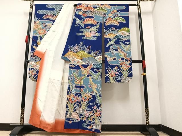 Ivy✺美品 正絹 花草文 トールサイズ 振袖 着物 A1755 平和屋着物○豪華振袖 型染め 群鶴風景草花文 小田急百貨店扱い