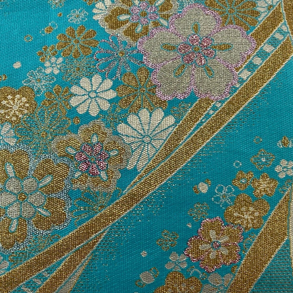 バイセル 着物 美品 名品 袋帯 水色 草花 縞 花唐草 箔 六通 正絹 ☆☆☆☆ 袋帯 秀品 花唐草 縞 紫 全通 正絹｜中古・古着・リサイクル着物通販
