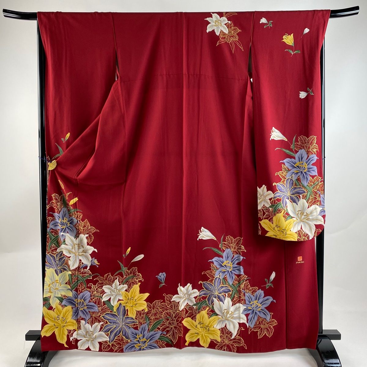 振袖 身丈165cm 裄丈67cm M 袷 落款 百合 金彩 えんじ色 正絹 名品  