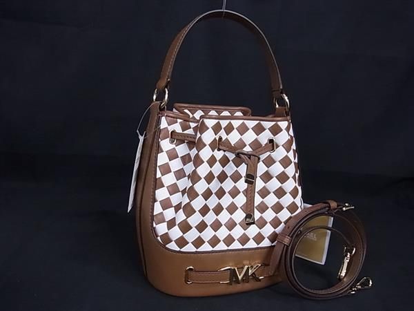 MICHAEL KORS マイケルコース レザー 編み込み 巾着 ハンドバッグ ショルダー 肩掛け ブラウン系×ホワイト系 BJ9401