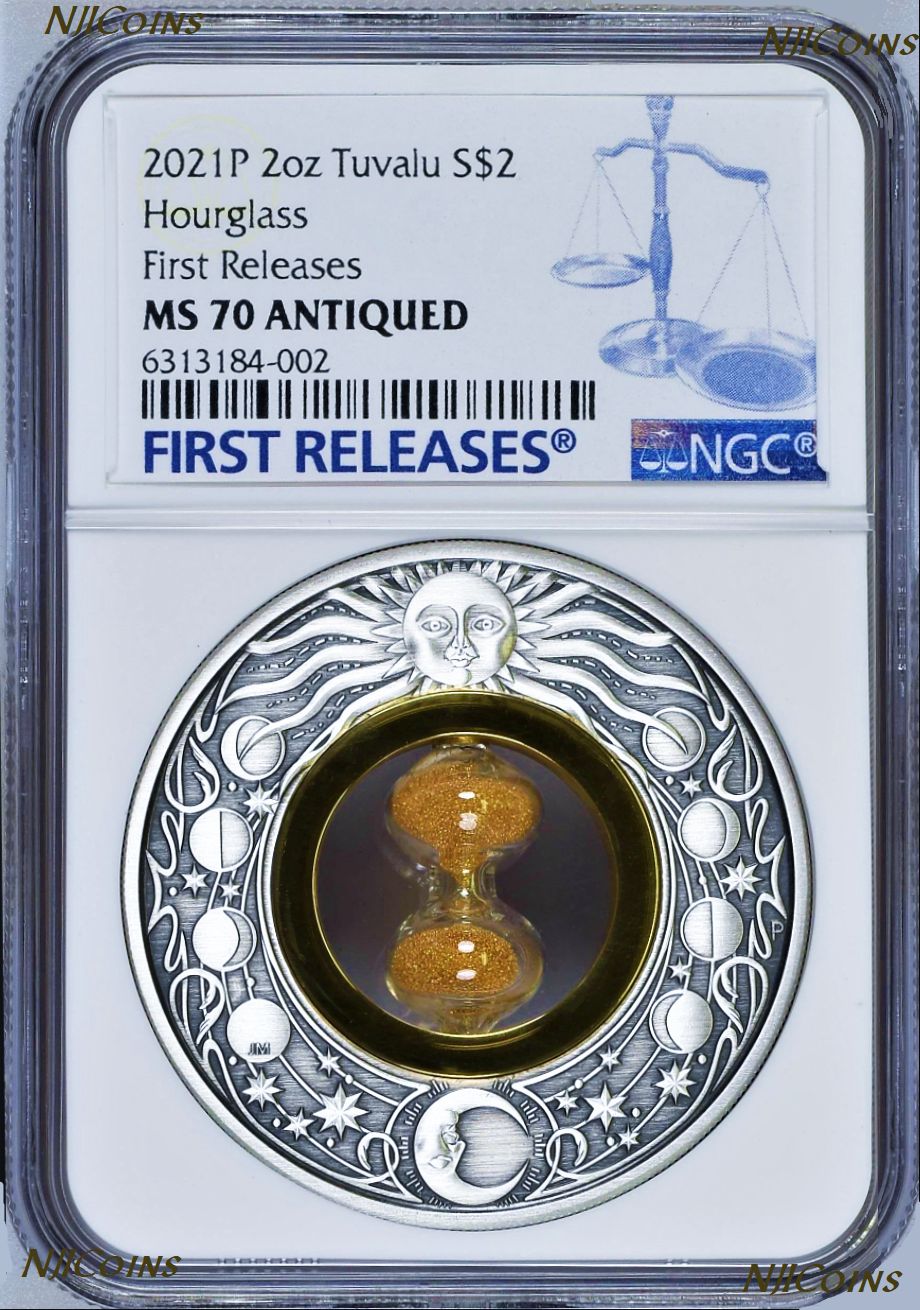 2021 Hourglass 2oz Silver Antiqued Coin NGC MS70 FR