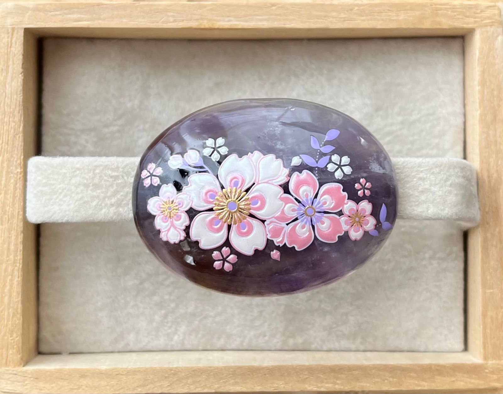 ☆〜天然石 高品質クリアアメジスト 蒔絵風 桜 帯留め 40×30 