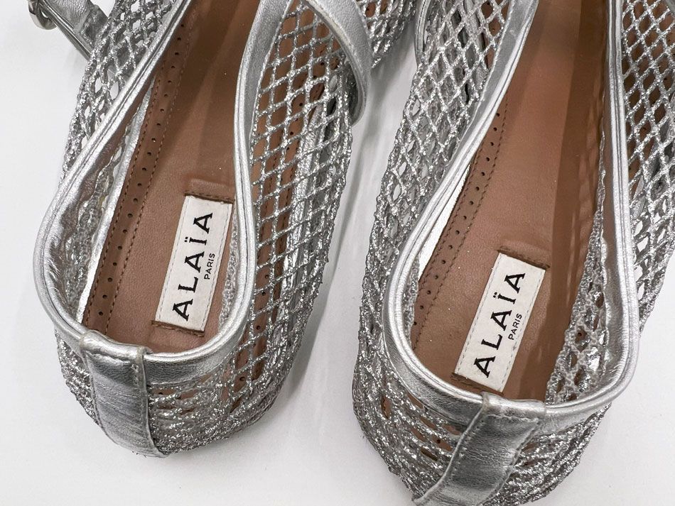 ALAIA アライア レディース フィッシュネット製バレリーナ ストラップ バレエシューズ フラットシューズ ARGENT シルバー サイズ 38 AA3A029TK028 - 090 KIN-KAAI_COM