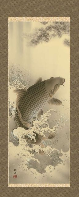掛軸 掛け軸-大昇鯉/森山観月 送料無料掛け軸(小さい尺三)端午の節句掛軸 和室 床の間 初節句 子供の日 お祝い 男 モダン ギフト 贈物 表装 掛軸 大昇鯉 森山観月 尺五 端午の節句の掛軸 h28f4-036-5