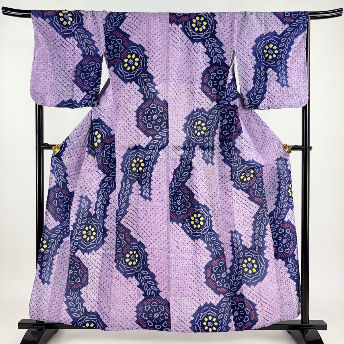 浴衣 身丈156cm 裄丈69cm L 絞り浴衣 華文 葉 薄紫 綿 名品