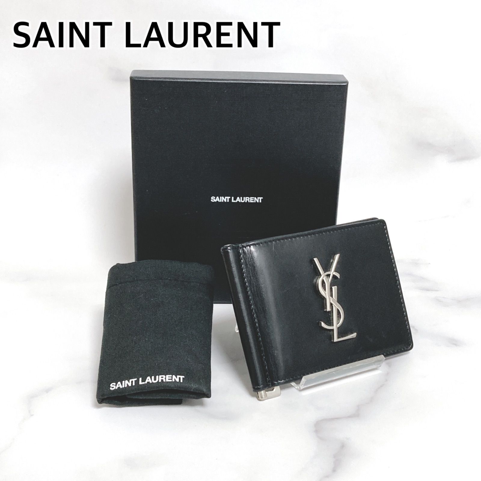 SAINT LAURENT サンローラン　カジュアル　財布 メンズ 2つ折り マネークリップ レザー　カーフスキン　黒　ブラック　ユニセックス　男性　 女性　カードケース　コンパクト　金具　ビジネス　名刺　ケース　ウォレット　美品　（s2311010）