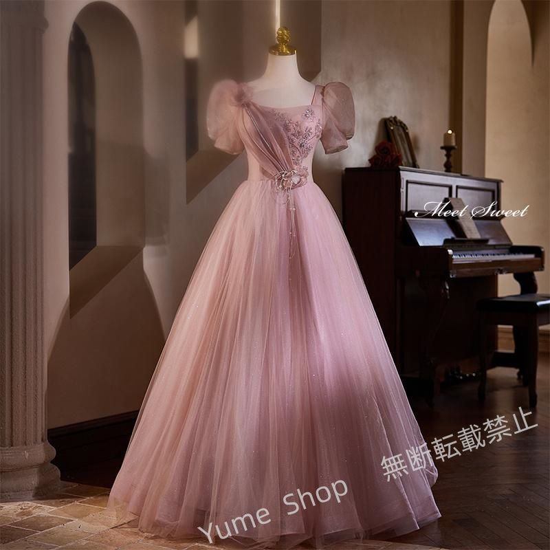 ♥ カラードレス プリンセスライン ピンク パフスリーブ 編み上げ ロングドレス ウェディングドレス 結婚式 二次会 花嫁 前撮り 演奏会 発表会 ステージ衣装 nhdw156