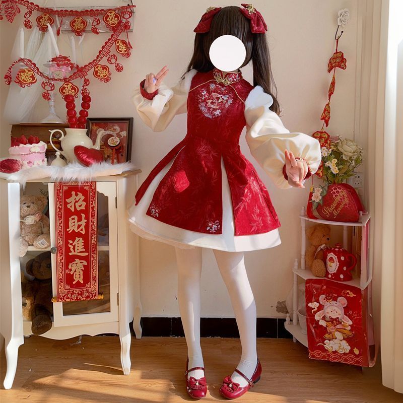 小錦鯉 オリジナルデザイン Lolita洋装 新年旗袍風ワンピース 加厚保温 冬季 少女風 新春イベント用 S|M|L 3サイズ展開