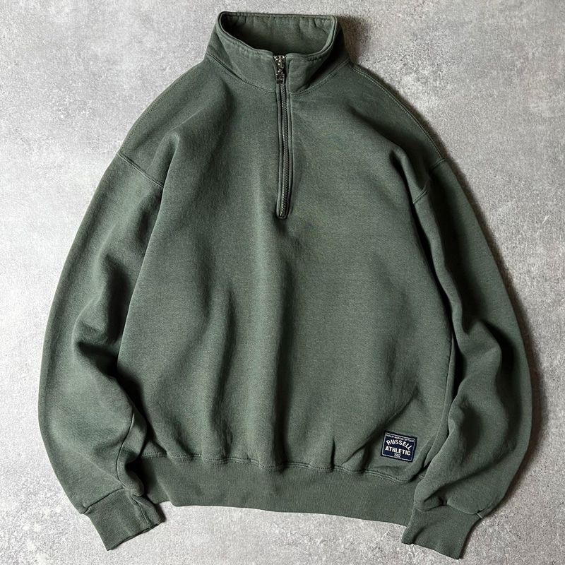 90s USA製 RUSSELL ハーフジップ プルオーバー スウェット トレーナー M / 90年代 アメリカ製 オールド ラッセル 裏起毛 ハイネック オリーブ