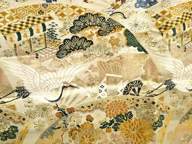 平和屋着物▽アンティーク 大正ロマン 丸帯 帯反物 唐織 扇面飛鶴花文