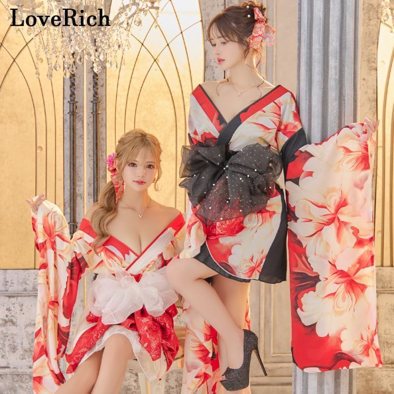 LoveRich ラブリッチ ライン 2点セット シフォン 花柄 アシンメトリー プリーツスカート オフショル 豪華 帯 花魁 着物 ドレス コスプレ 1325