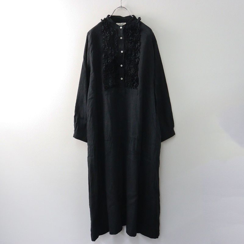 イチアンティークス ICHI Antiquites フレンチリネン フリルワンピース ｜ブラック トップス バンドカラー 長袖 2400014637397