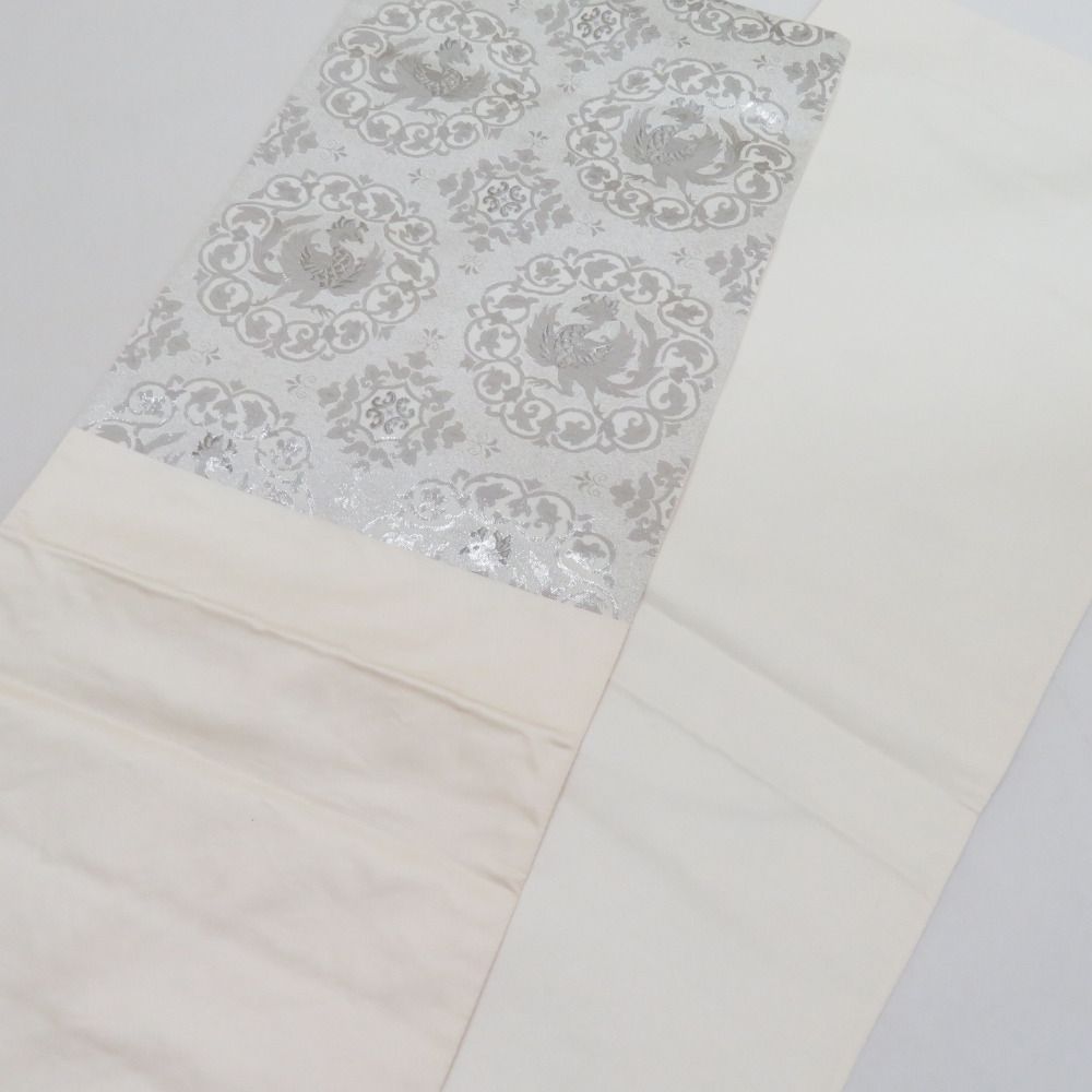 袋帯 鳳凰唐草子文 銀色 銀糸 六通柄 正絹 フォーマル 仕立て上がり  