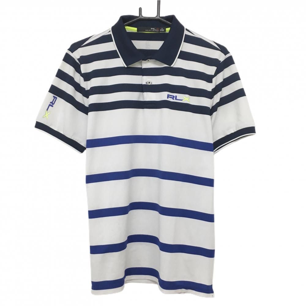 RLXラルフローレン 半袖ポロシャツ 白×ネイビー ボーダー ロゴプリント メンズ M ゴルフウェア Ralph Lauren