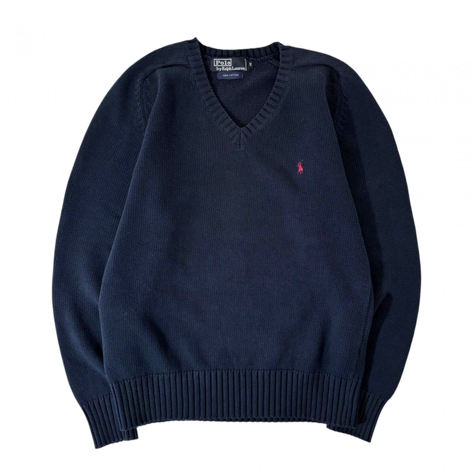 Mサイズ 90s 古着 ポロバイラルフローレン Polo by Ralph Lauren ニット セーター コットン Vネック ワンポイント 紺色 ネイビー