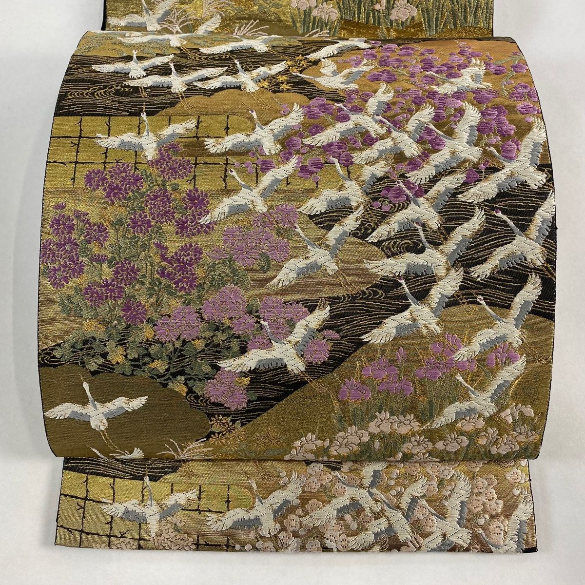 袋帯 じゅらく 帝王紫 鶴 草花 金糸 箔 金色 お太鼓柄 正絹