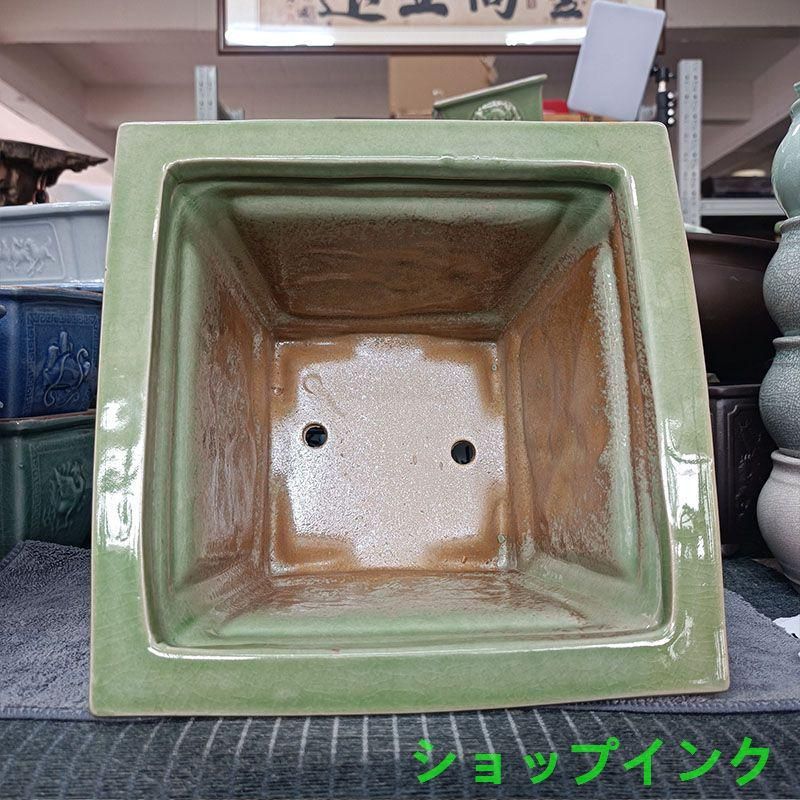 青磁の浮彫り氷割れ鯖牡丹の鉢 盆栽鉢 植木鉢 小品盆栽鉢