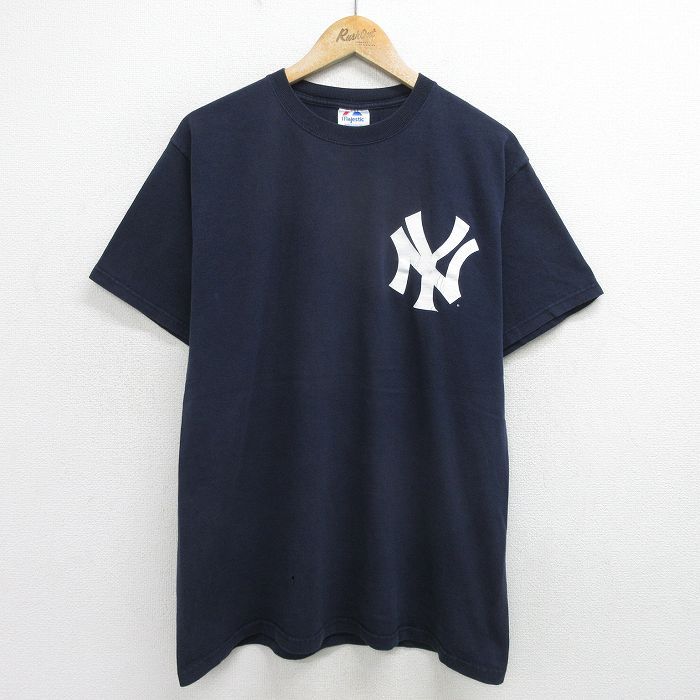 L/古着 マジェスティック 半袖 ビンテージ Tシャツ メンズ 00s MLB ニューヨークヤンキース デレクジーター 2 コットン クルーネック 紺 ネ