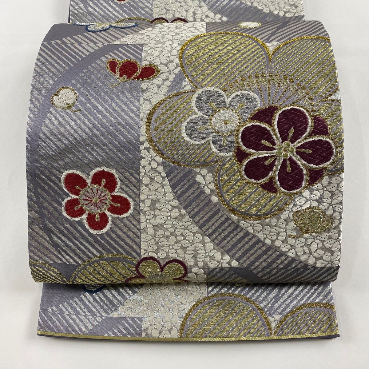 袋帯 秀品 梅 斜縞 金糸 箔 灰紫 六通 正絹