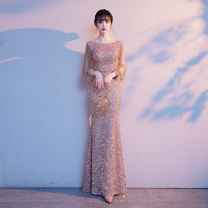 2025春季フィッシュテールイブニングドレス 女性 優雅な気質 亮片装飾 宴会?司会?パフォーマンス用 名媛修身ワンピースドレス-