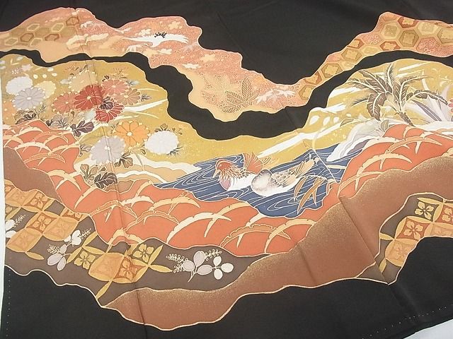 新品正絹黒留袖　作家物　群れ鶴花鳥文　金彩　⑤ 平和屋着物□豪華黒留袖 刺繍 花鳥文 金彩 正絹 逸品 AAAX7743ph