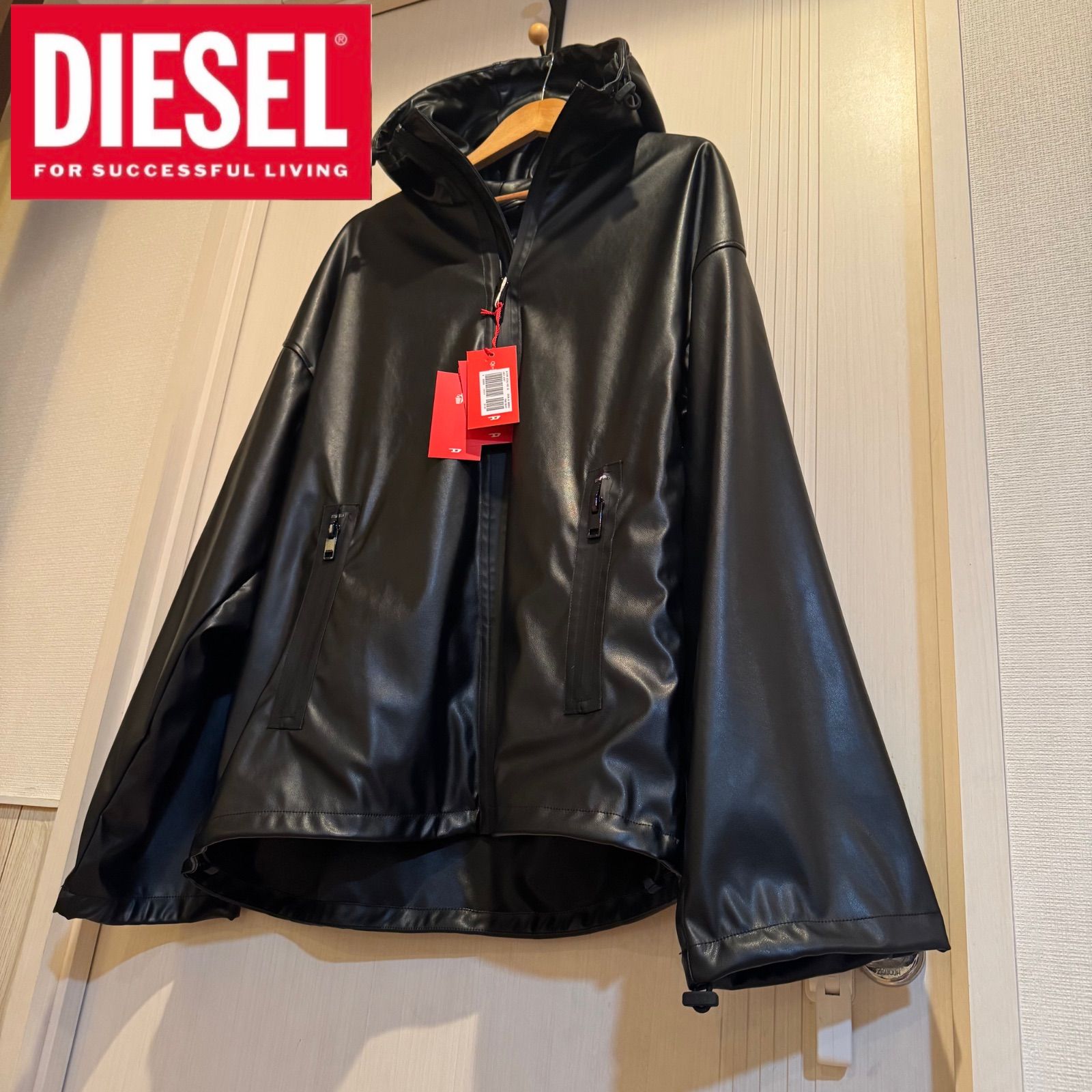 DIESEL フード付きブラックレザージャケット ディーゼルキッズ