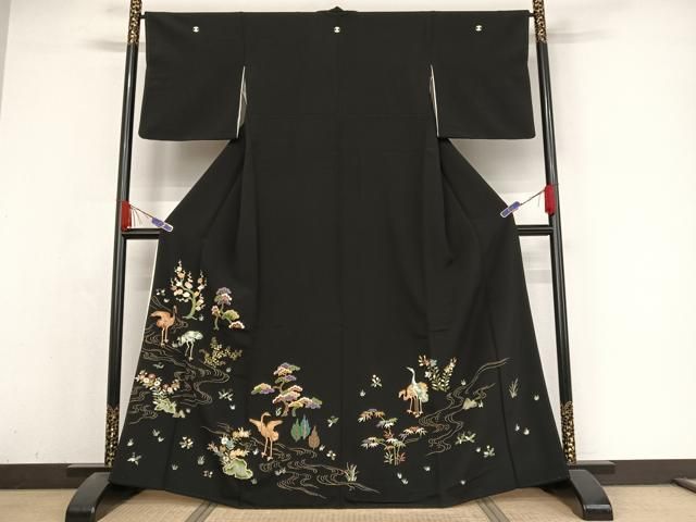 平和屋着物●創業130年 江戸染繍友禅 大彦 黒留袖 刺繍 松竹梅 鶴 金糸 金彩 三越扱い 正絹 AABA4598np