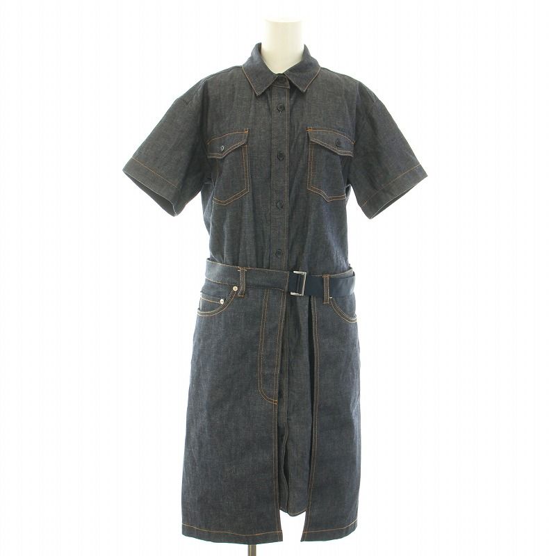サカイ sacai アーペーセー A.P.C. 21SS デニムワンピース ひざ丈 半袖 ベルト ドッキング 36 S インディゴ |YT