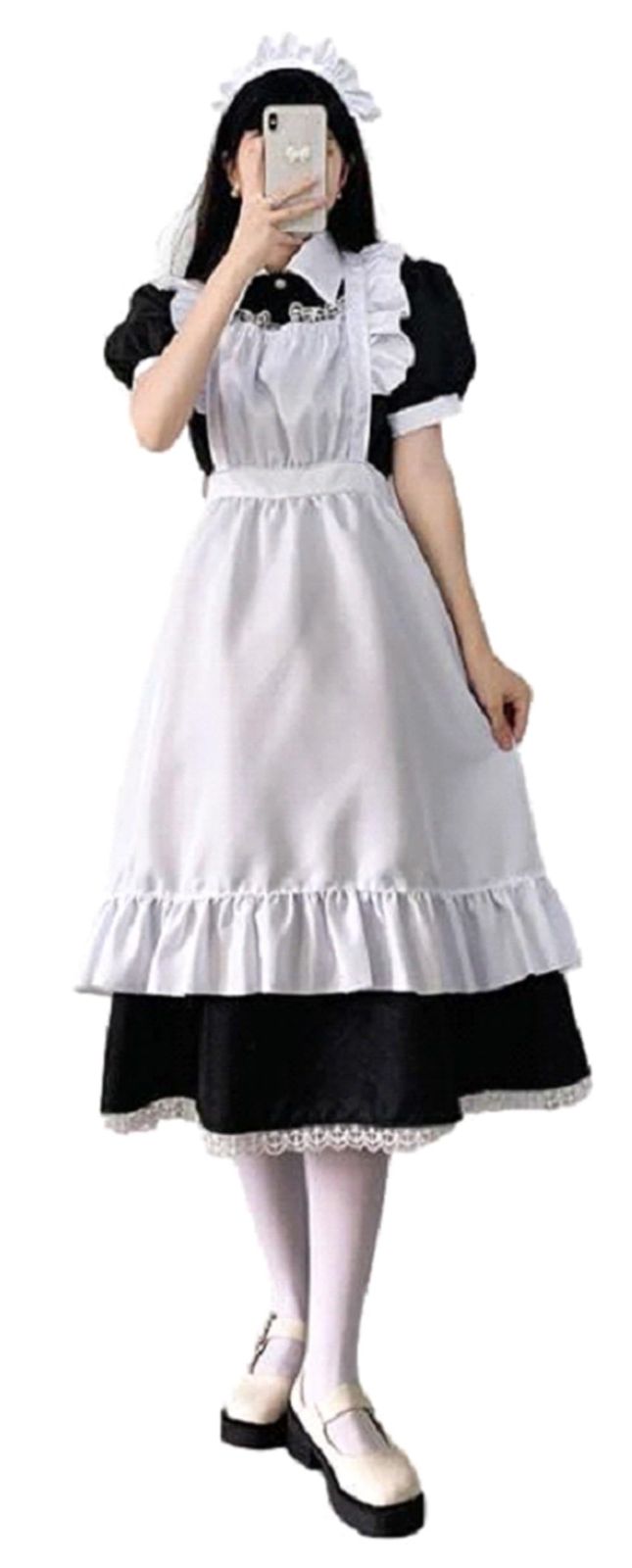 [YU-YU] メイド服 コスプレ 衣装 メイド 定番 3点セット 仮装 コスチューム こすぷれ 可愛い 男ウケ レディース ハロウィン 大きいサイズ エプロン ドレス 女装 学園祭 (M， 半袖/ロング黒) [半袖
