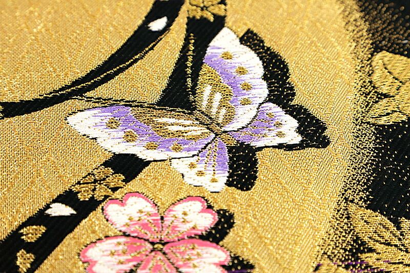 中古 袋帯 振袖用 リサイクル 正絹 紫 悪かっ 黒 金 牡丹 梅 桜 蝶 蝶々 水
