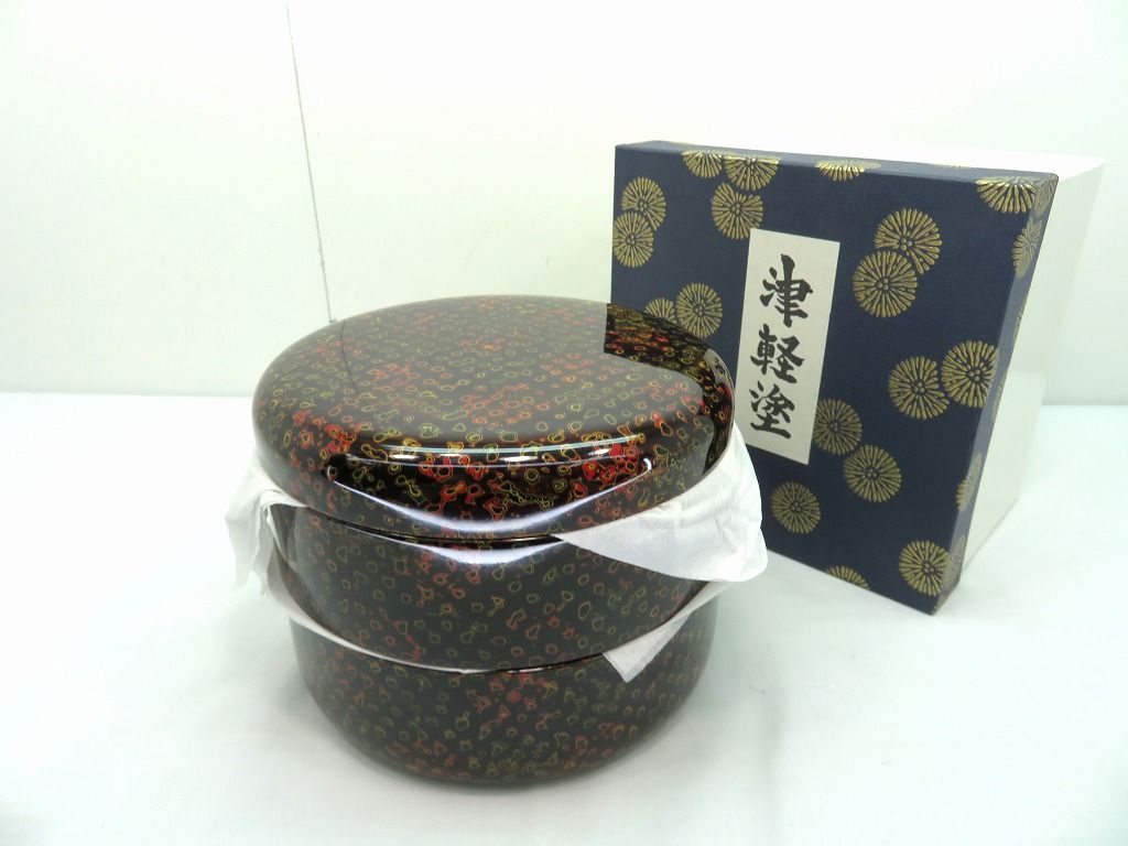s23g-354k【中古】津軽塗　丸二段重　お重　唐塗