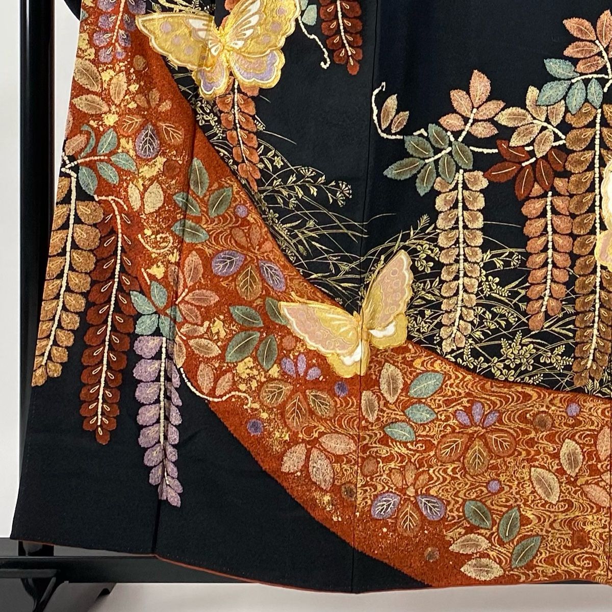 振袖 身丈158cm 裄丈63.5cm S 袷 藤 蝶 金糸 金彩 黒 正絹