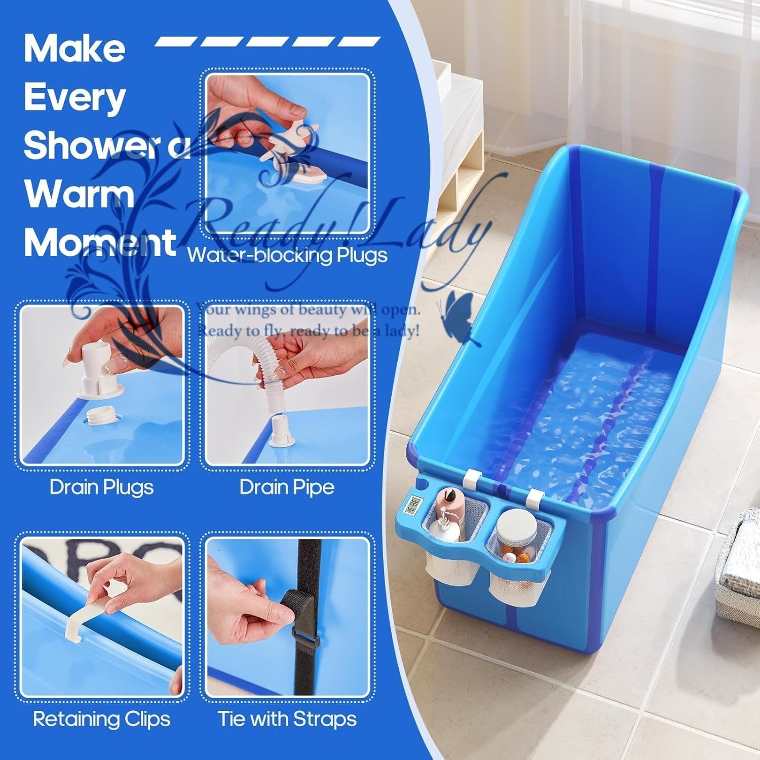  新生児用スイミングバケツ ベビーバスバケツ 家庭用ベビーバスタブ 子供用バスバケツ 折りたたみ式 省スペース ポータブルバスタブ シンプル バスタブ 子供用 温度計と収納バスケット付きの小型 Blue 湯桶 手桶 お風呂用品