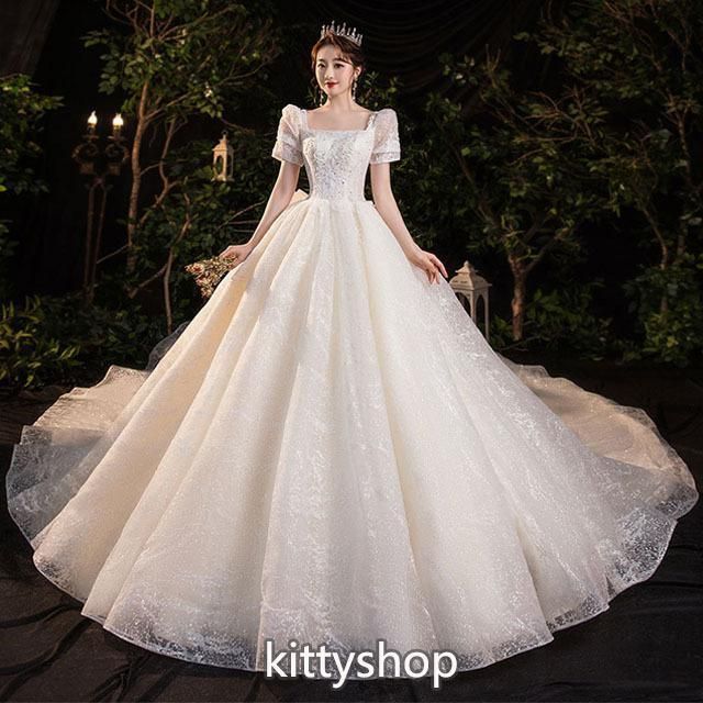 ウェディングドレス 袖あり パフスリーブ 結婚式ドレス トレーン