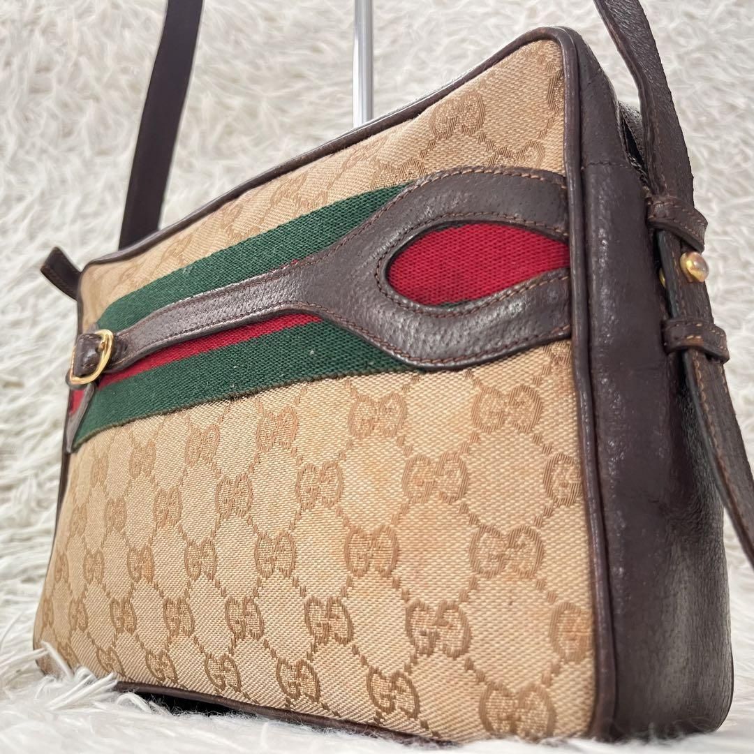 GUCCI オールドグッチ ショルダーバッグ カメラバッグ シェリーライン GGキャンバス レザー 金具 ベージュ ブラウン 斜め掛け 通勤通学 -  メルカリ