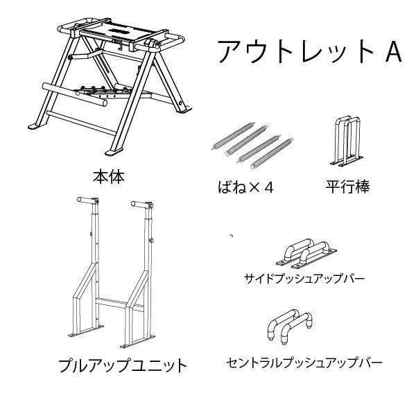 懸垂タワー|平行棒|プッシュアップバー|スクワットマシン|ラットプルダウンマシン|シットアップベンチ