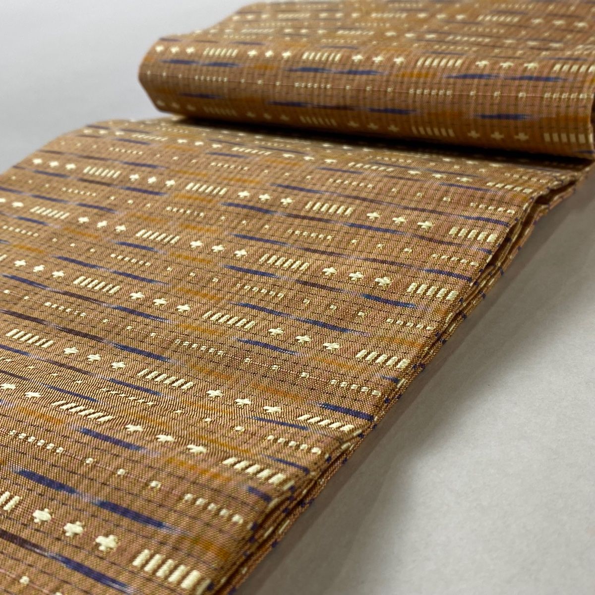 M10-17 新品 正絹 市松織 半幅帯 カーキベージュ系 おしゃれ四寸帯