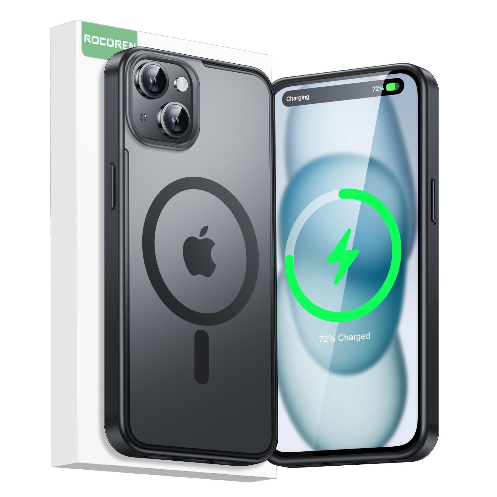 【 iPhone 15ケース magsafe対応 】Rocoren アイフォン15 用マグセーフ ケース ワイヤレス充電 半透明アイフォン 耐衝撃ケース 米軍MIL規格 全面保護 マット黄ばみなし カバー（ブラック）
