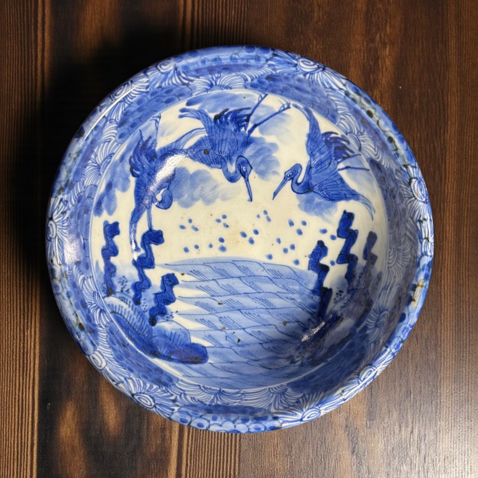 古伊万里 大鉢 3羽鶴 草花文図 盛り鉢 色絵 鉢 取り皿 飾り皿 和食器