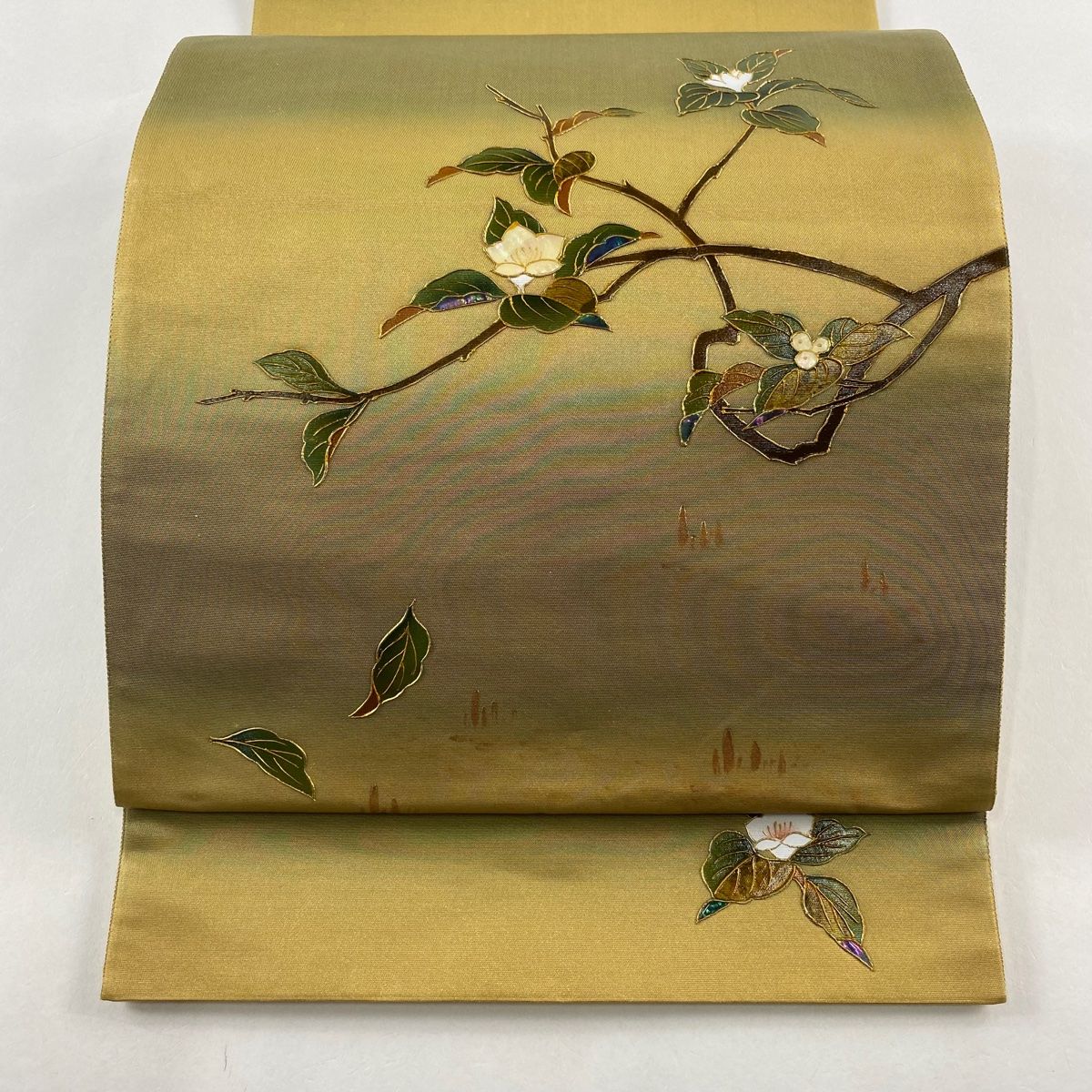 袋帯 美品 秀品 枝花 段ぼかし 金彩 螺鈿 黄土色 お太鼓柄 正絹