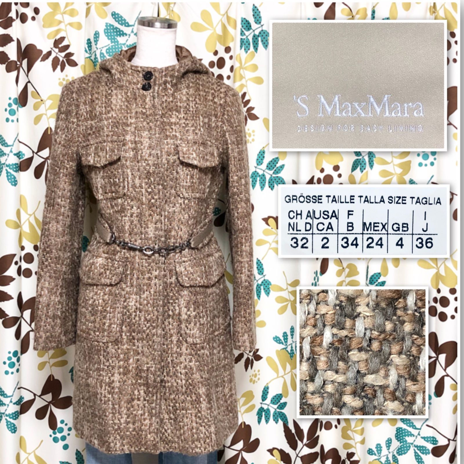 34サイズベージュ ベルト付きウールコート 359 ファッション 34サイズベージュ ベルト付きウールコート