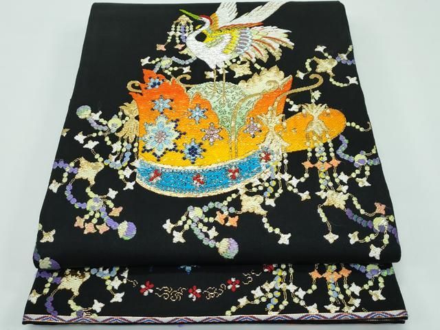 平和屋本店■最高級　龍村平蔵製　太鼓柄　本袋帯　千代の冠錦　黒地　金糸　高島屋扱い　共箱付き　逸品　CZAA3296s5 平和屋本店□最高級 龍村平蔵製 太鼓柄 本袋帯 千代の冠錦 黒地 金糸