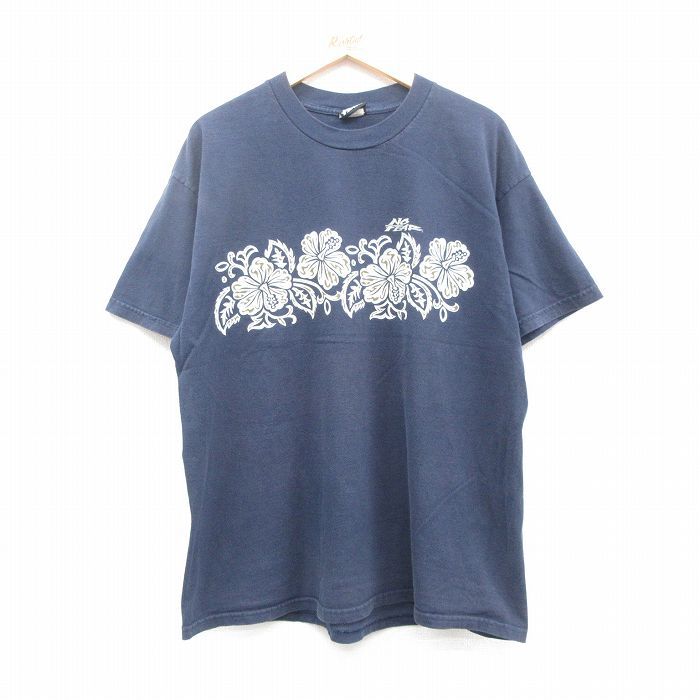 XL/古着 ノーフィア 半袖 ビンテージ Tシャツ メンズ 00s ハイビスカス コットン クルーネック 紺 ネイビー 24may30 中古