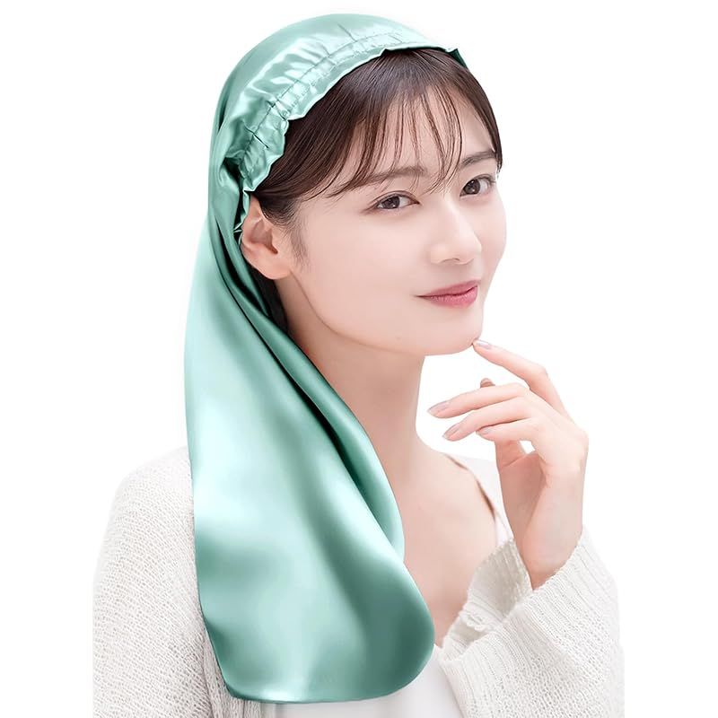 [COCOSILK] シルク ナイトキャップ ロングヘア用 シルクキャップ 筒型 ナイトキャップ ロング 髪 シルク100% 筒 ロングヘア 筒状 ヘアキャップ (60cm， Free Size， グリーン)