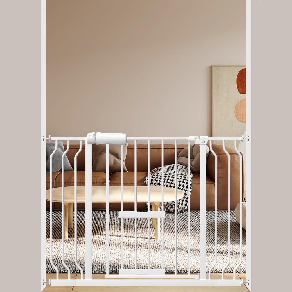 拡張フレーム付き ロング 高さ78cm 猫ドア付き 突っ張りタイプ 階段上 オートクローズ機能 取付幅98-110cm ペットドア付き ホワイト ペットゲート ベビーゲート Qonimm