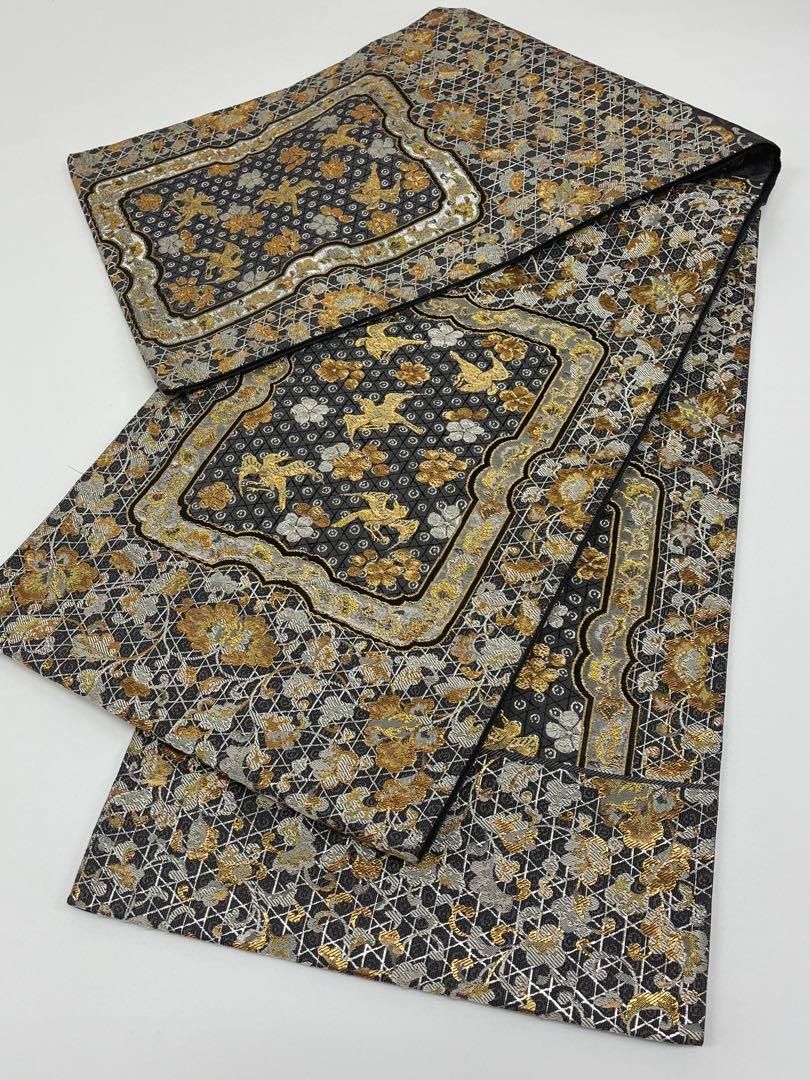 加納幸 西陣織 袋帯 篭魚子裂 鳥 金糸 正絹 三通